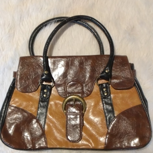 Brown and Tan Satchel with Structured Design - Picture 1 of 4